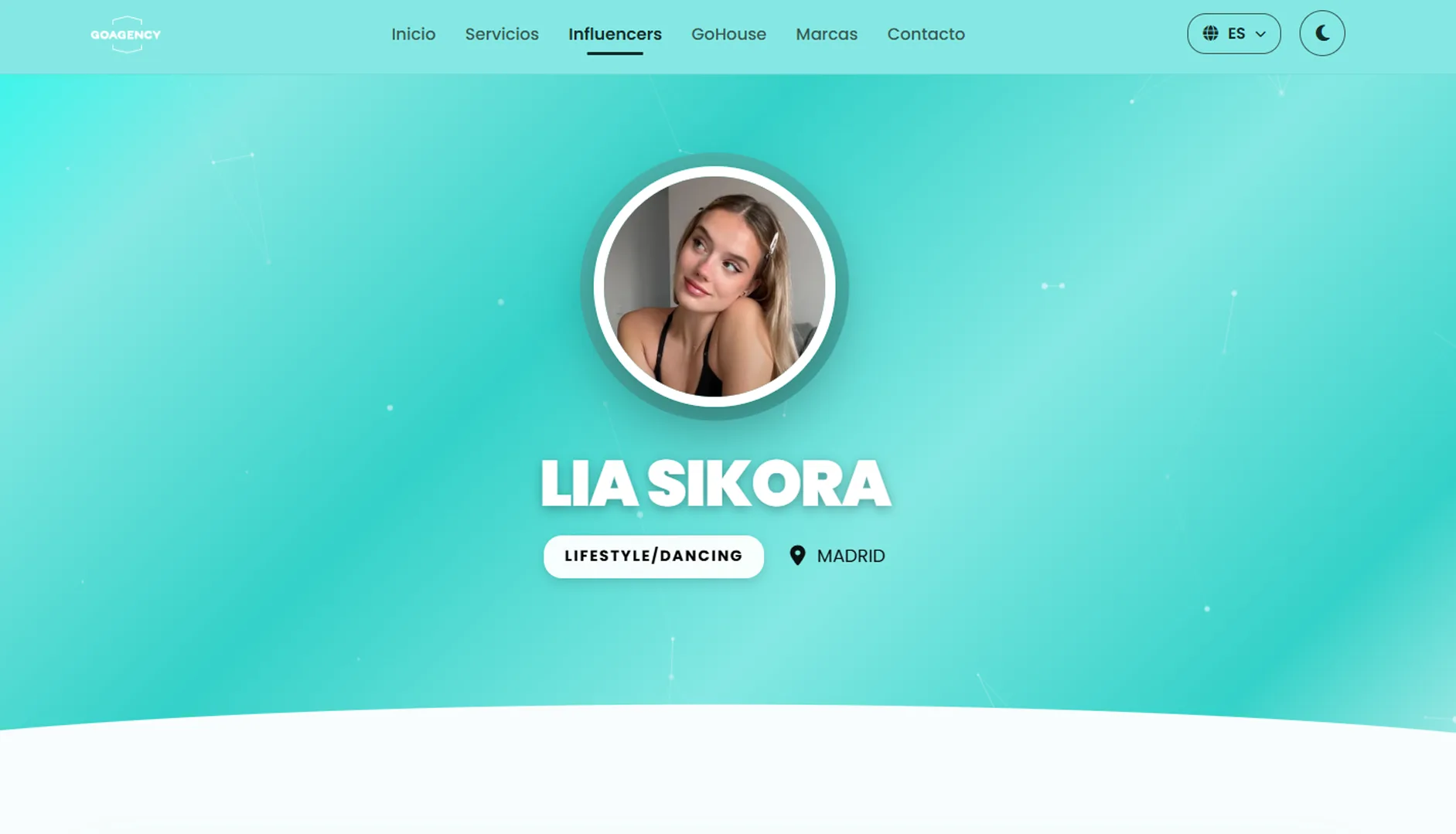 Detalle de un perfil de influencer en GoAgency