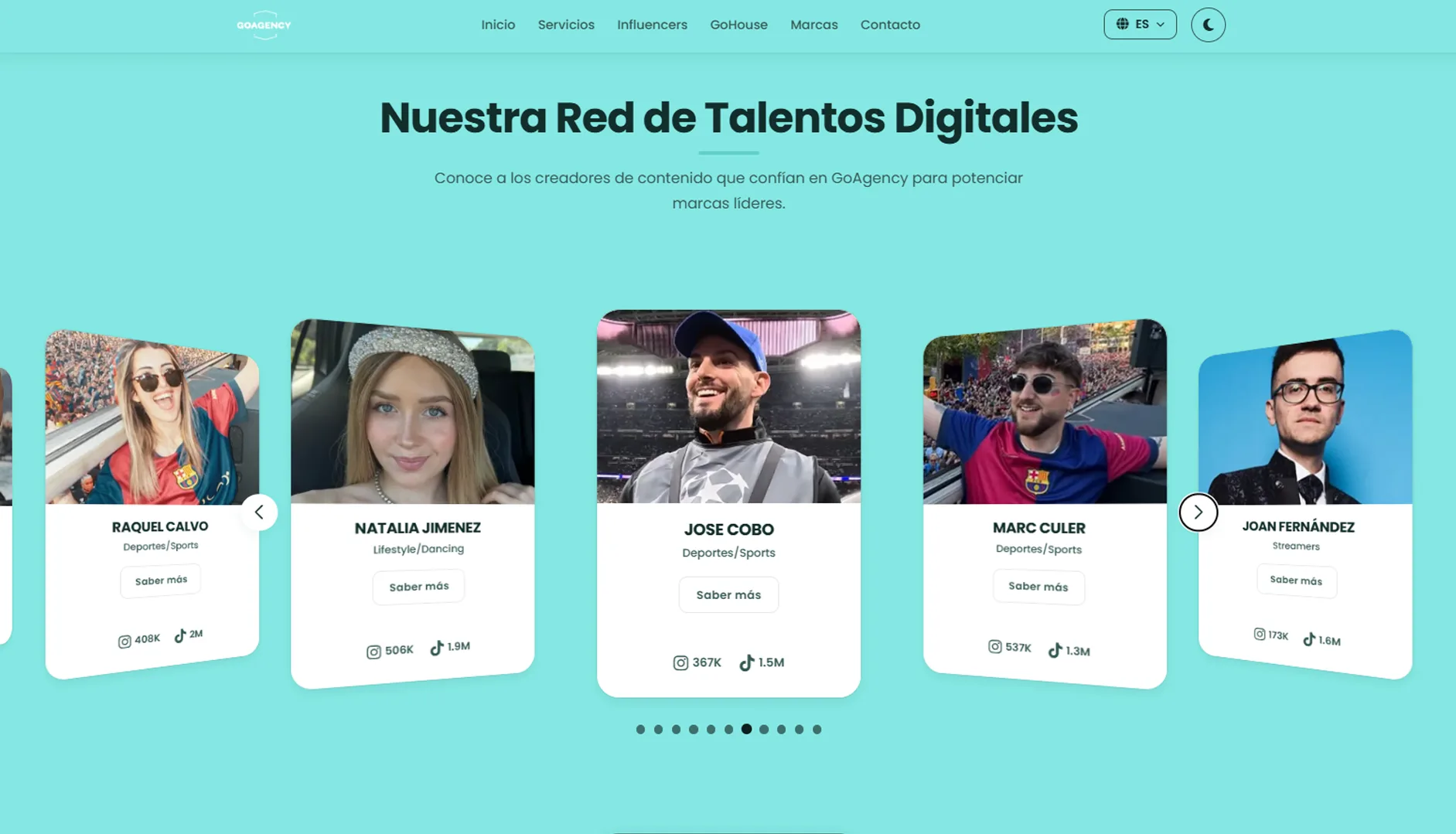 Parrilla de influencers en el sitio de GoAgency